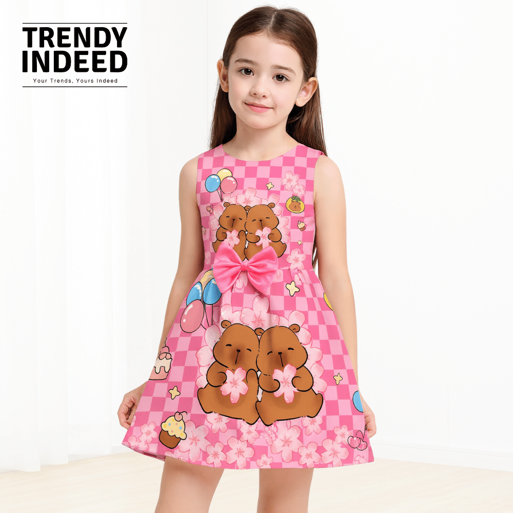 Capybara print girls bow princess dress with A-line skirt
