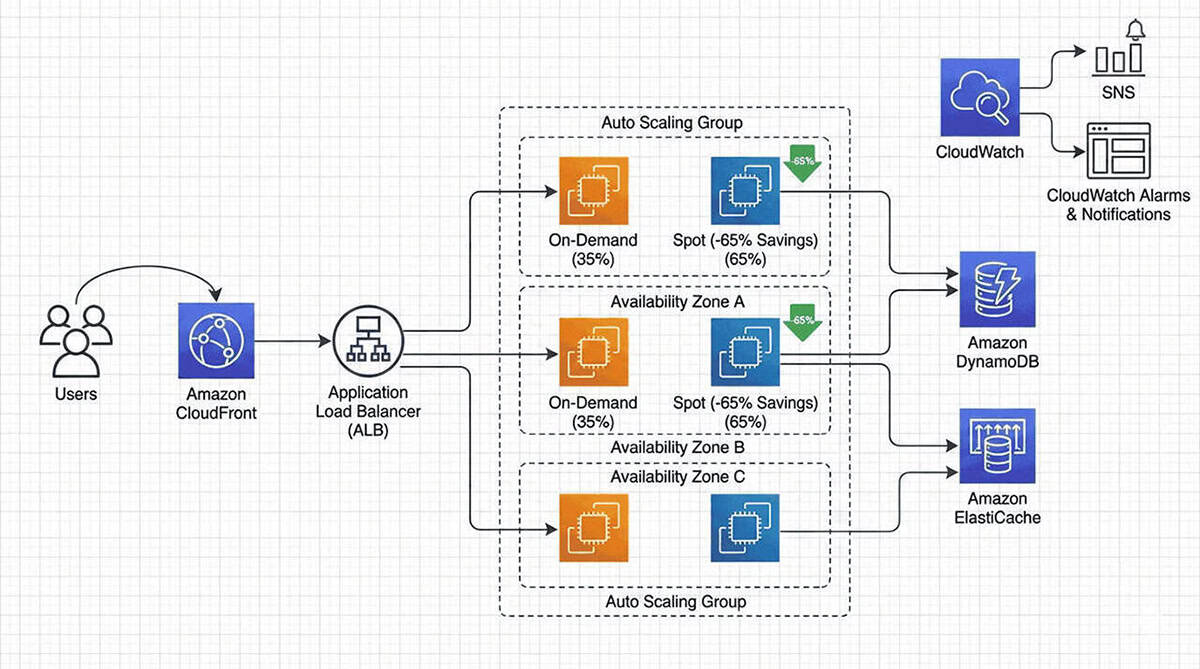 Architecture diagram showing a cost-optimized web tier using Auto Scaling, Spot/On-Demand mix, and an ALB.