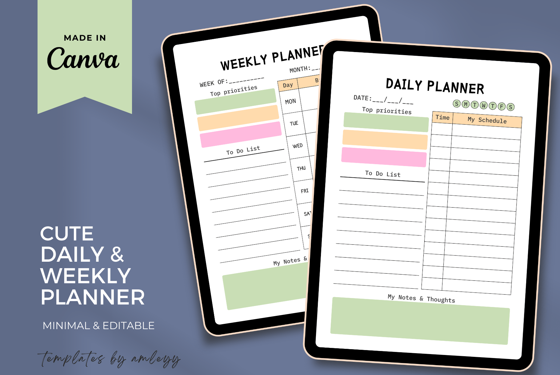Aesthetic Daily & Weekly Planner Canva Template | Cute Pastel Printable ...