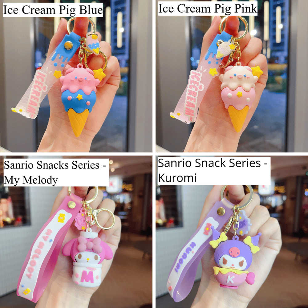 Cute cartoon-inspired snack keychain set with animal charms
