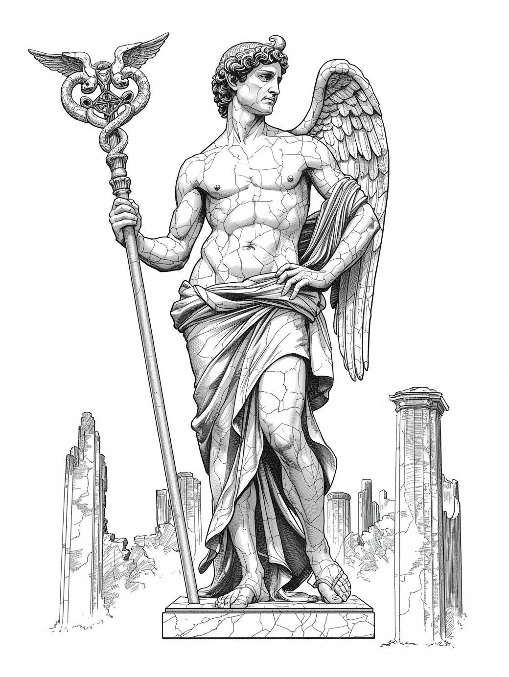 God Hermes with winged sandals and the caduceus staff, intricate mythological engraving for coloring.