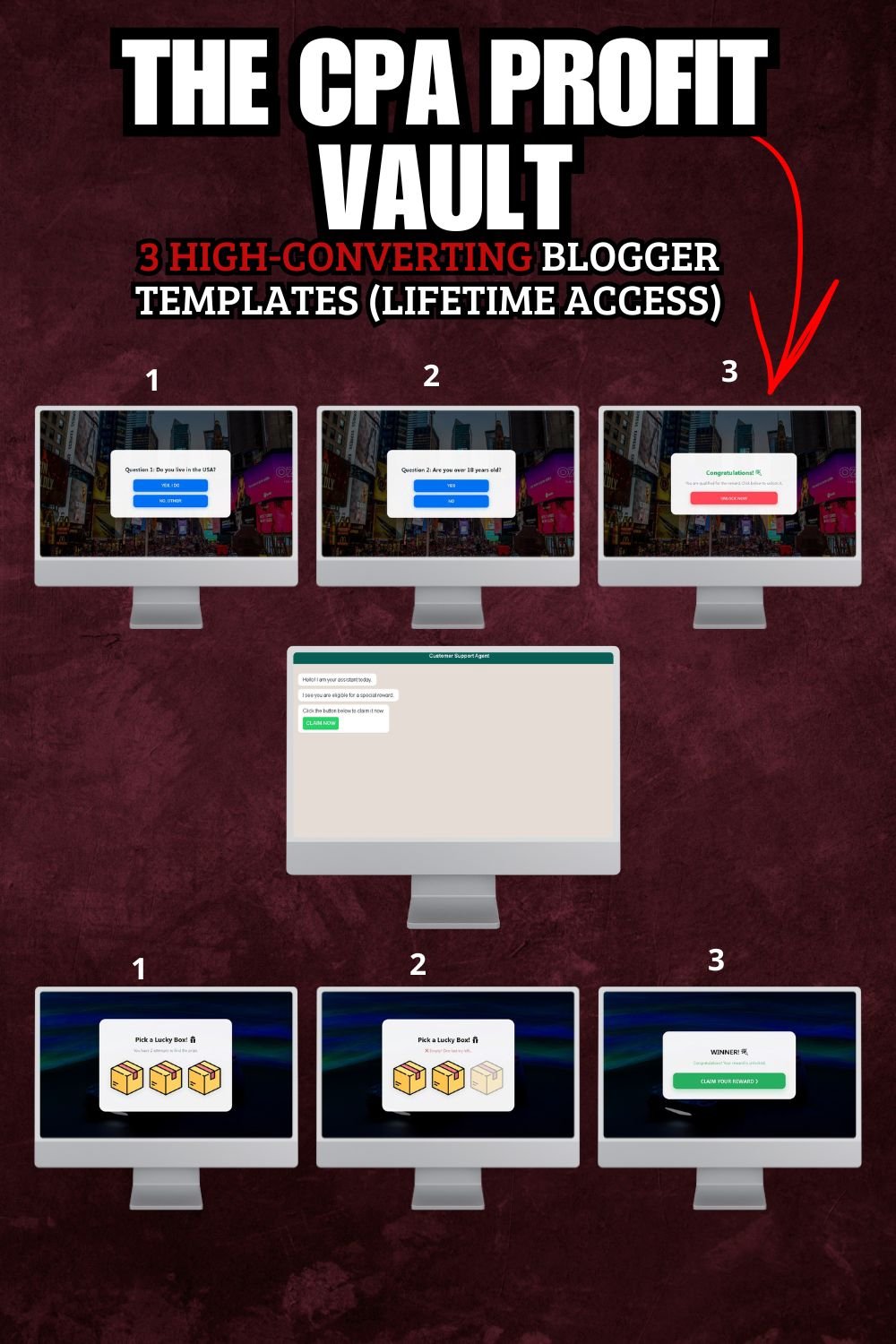 The CPA Profit Vault: 3 High-Converting Blogger Landing Page Templates displayed on Laptop, Tablet, and Smartphone. (بالعربية): حزمة قوالب صفحات هبوط CPA