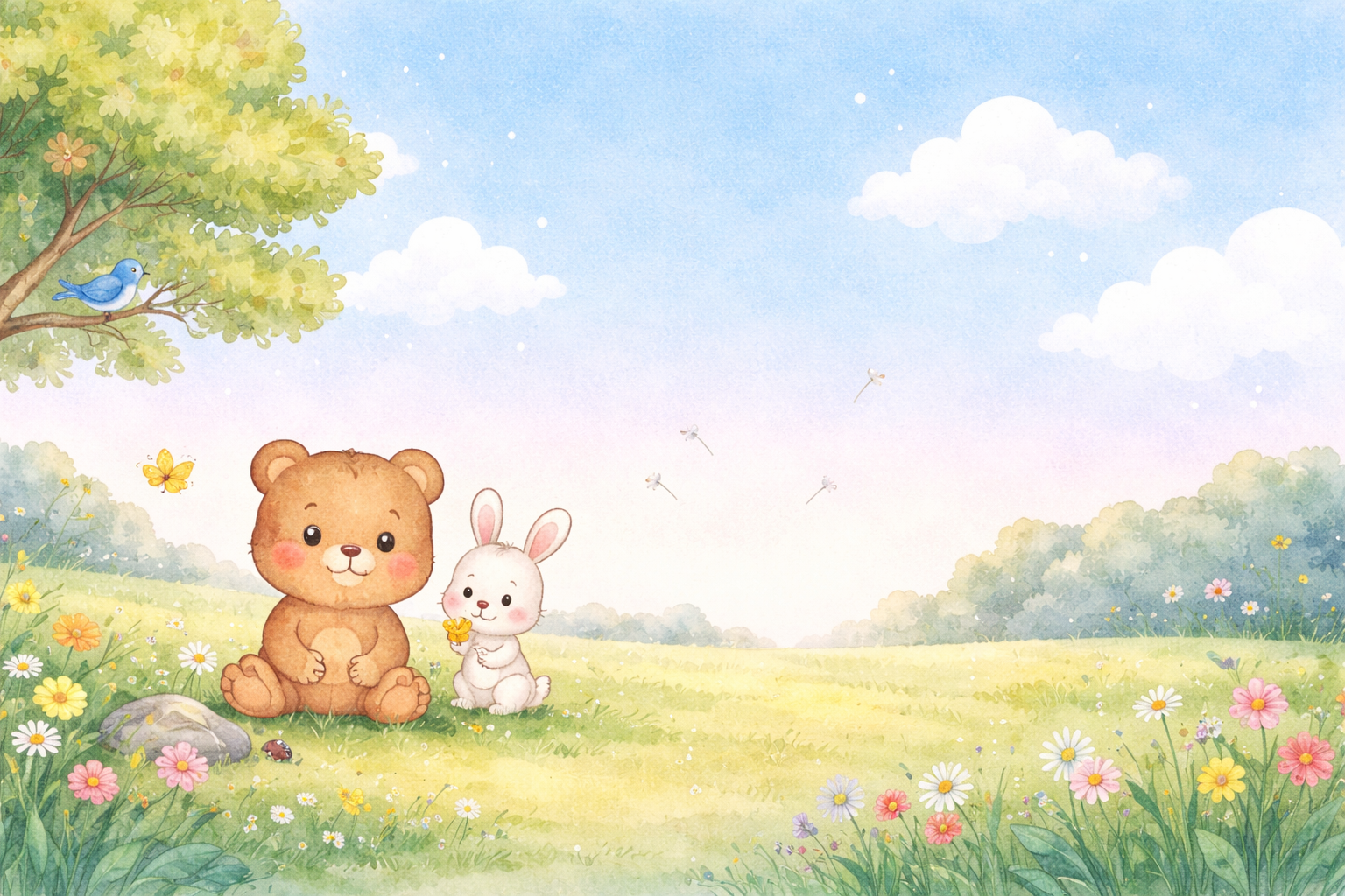 A teddy bear and bunny sitting in a meadow