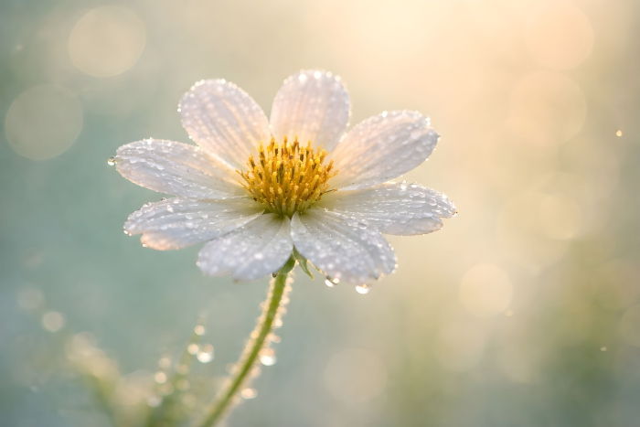 Morning dew on a closeup of white wildflower - Ai Generated