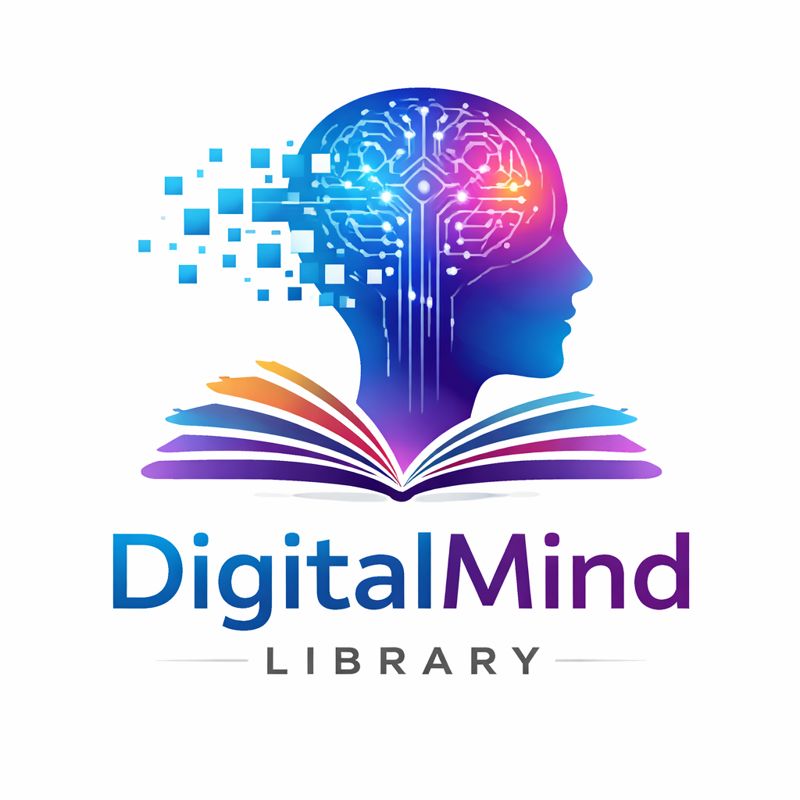 DigitalMind Library logo with AI-inspired human head, glowing neural circuits and open book, representing digital education, artificial intelligence learning, online library, eBook platform, personal growth, technology innovation, and knowledge development.