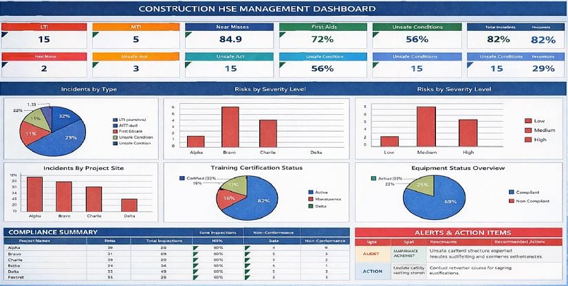 Construction HSE Management Dashboard Excel template showing safety incidents, risk levels, inspections, equipment compliance, training status, and environmental performance indicators.