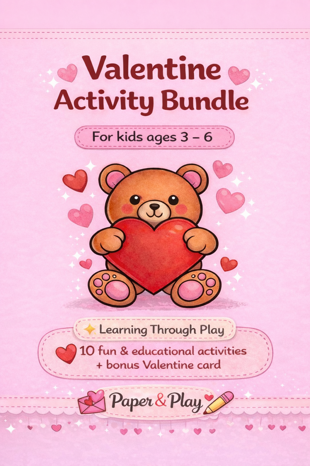 A collection of pink and red Valentine's Day printables for preschoolers, showing a variety of tasks like tracing a rose, spelling "LOVE," and an "I Spy" counting game.