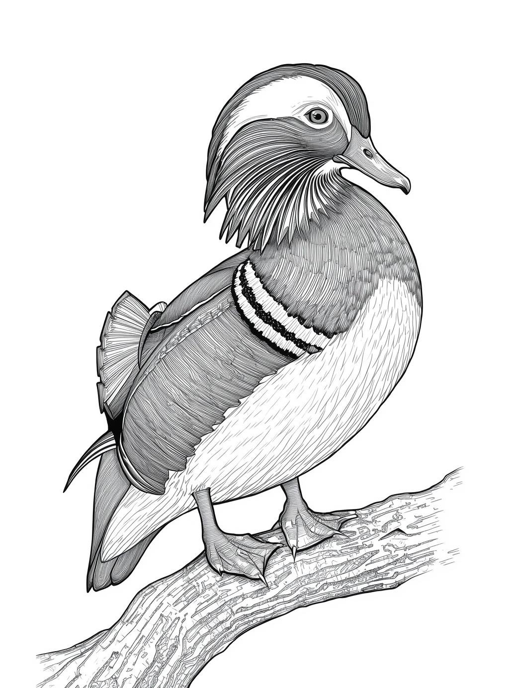 Detailed engraving-style line art of a Mandarin duck with intricate feather patterns, realistic bird coloring page.