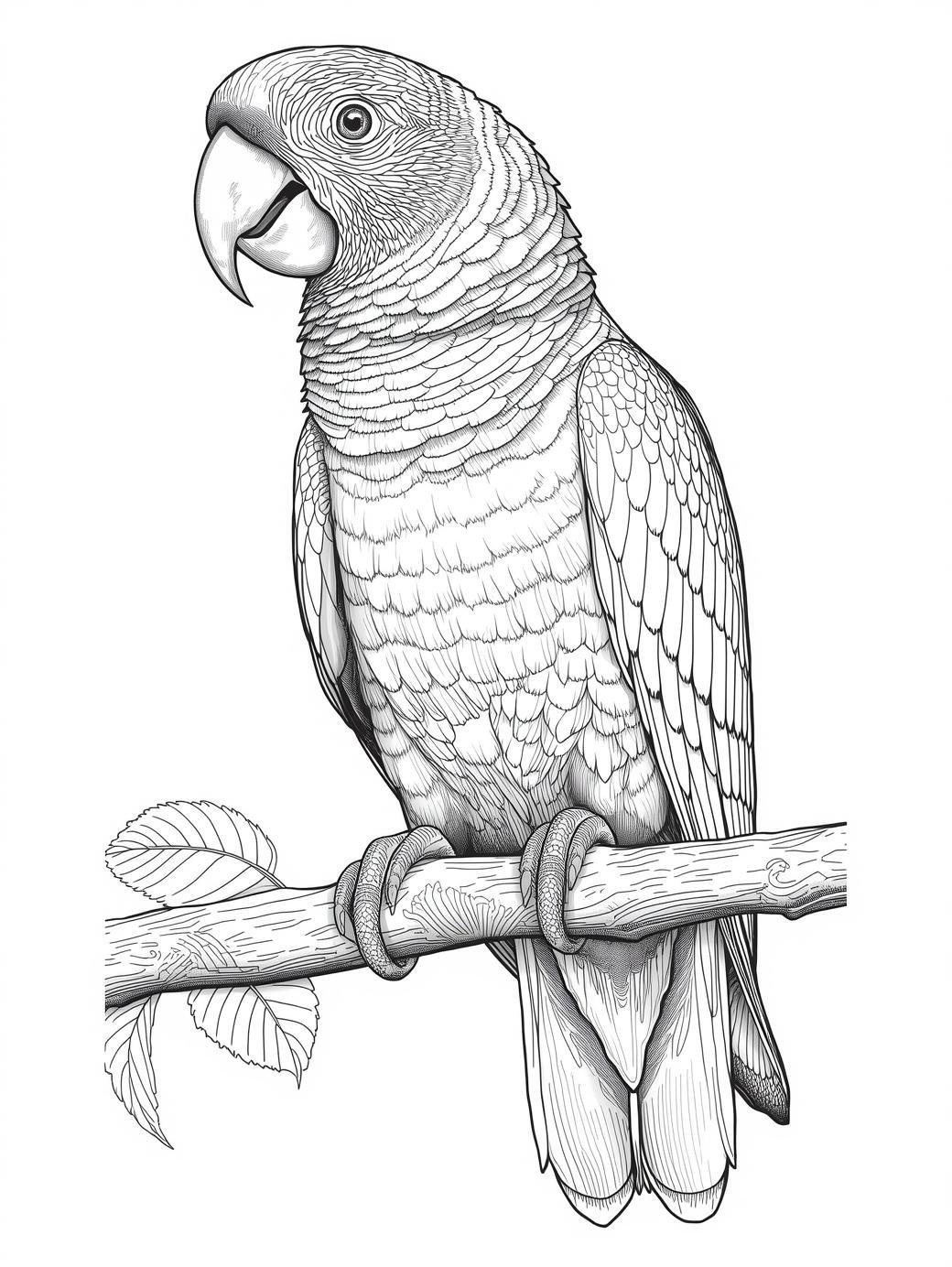 Intricate illustration of a tropical parrot on a branch, vintage engraving style for adult coloring.