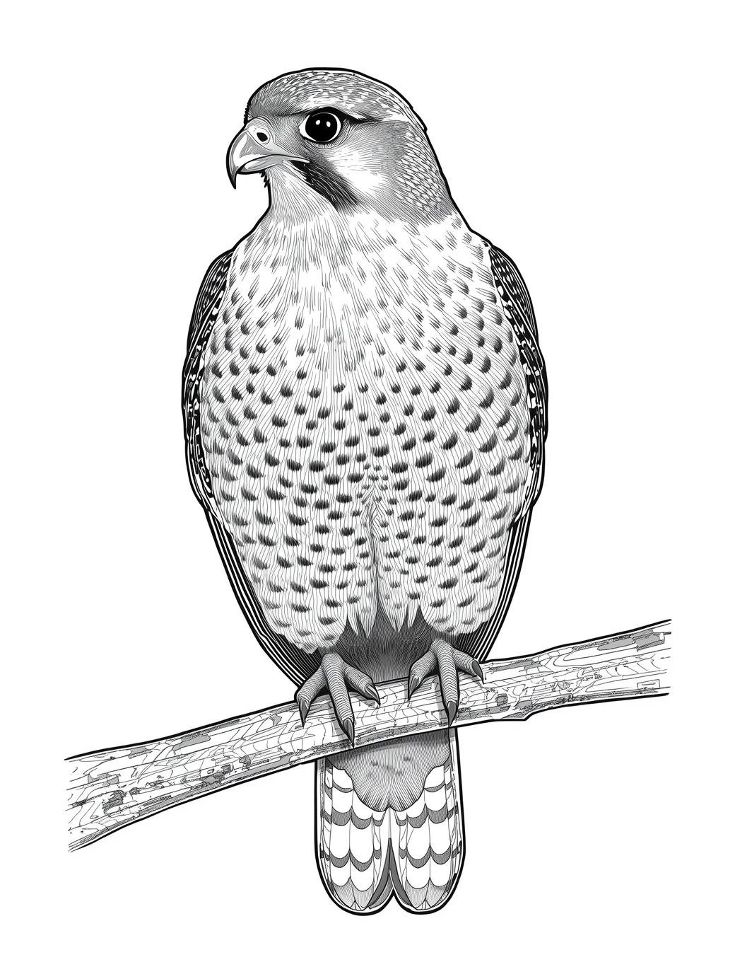 Powerful falcon in a majestic pose, detailed engraving-style feathers, high-resolution bird coloring page.