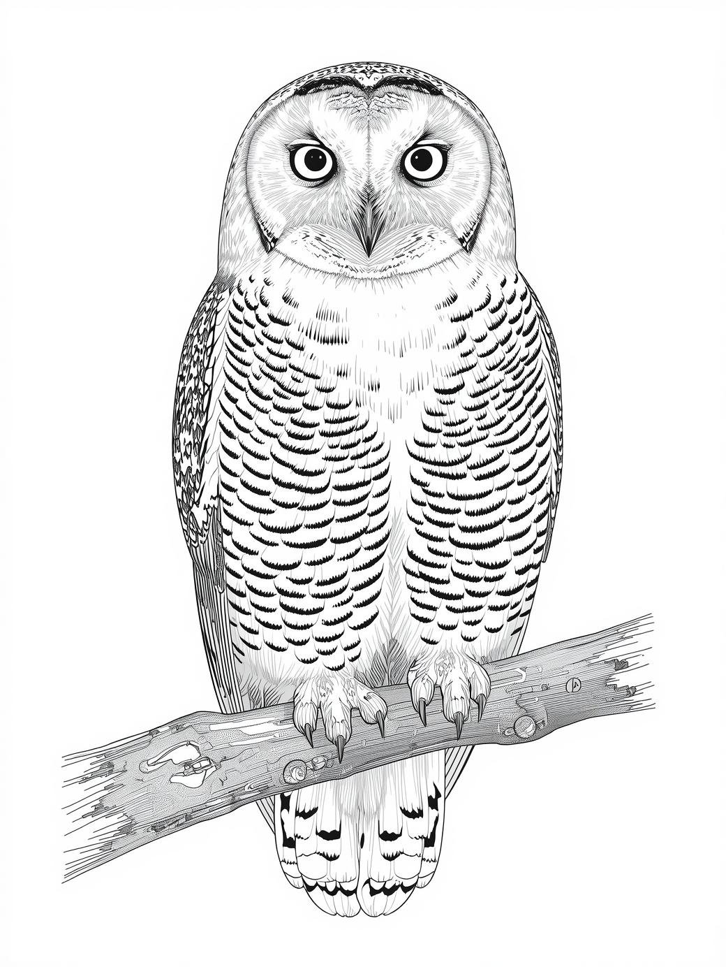 Realistic snowy owl line art with detailed textures and expressive eyes, printable bird coloring sheet.