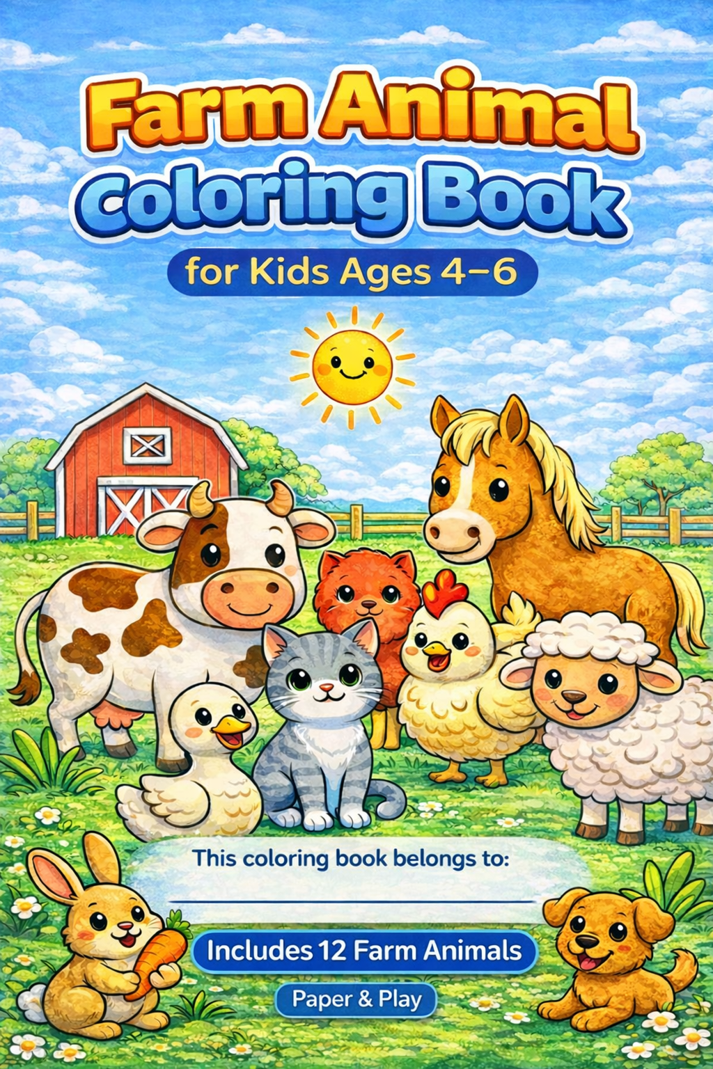 A collection of printable coloring pages featuring 12 different farm animals including a horse, hen, pig, and goat in a simple, kid-friendly art style.