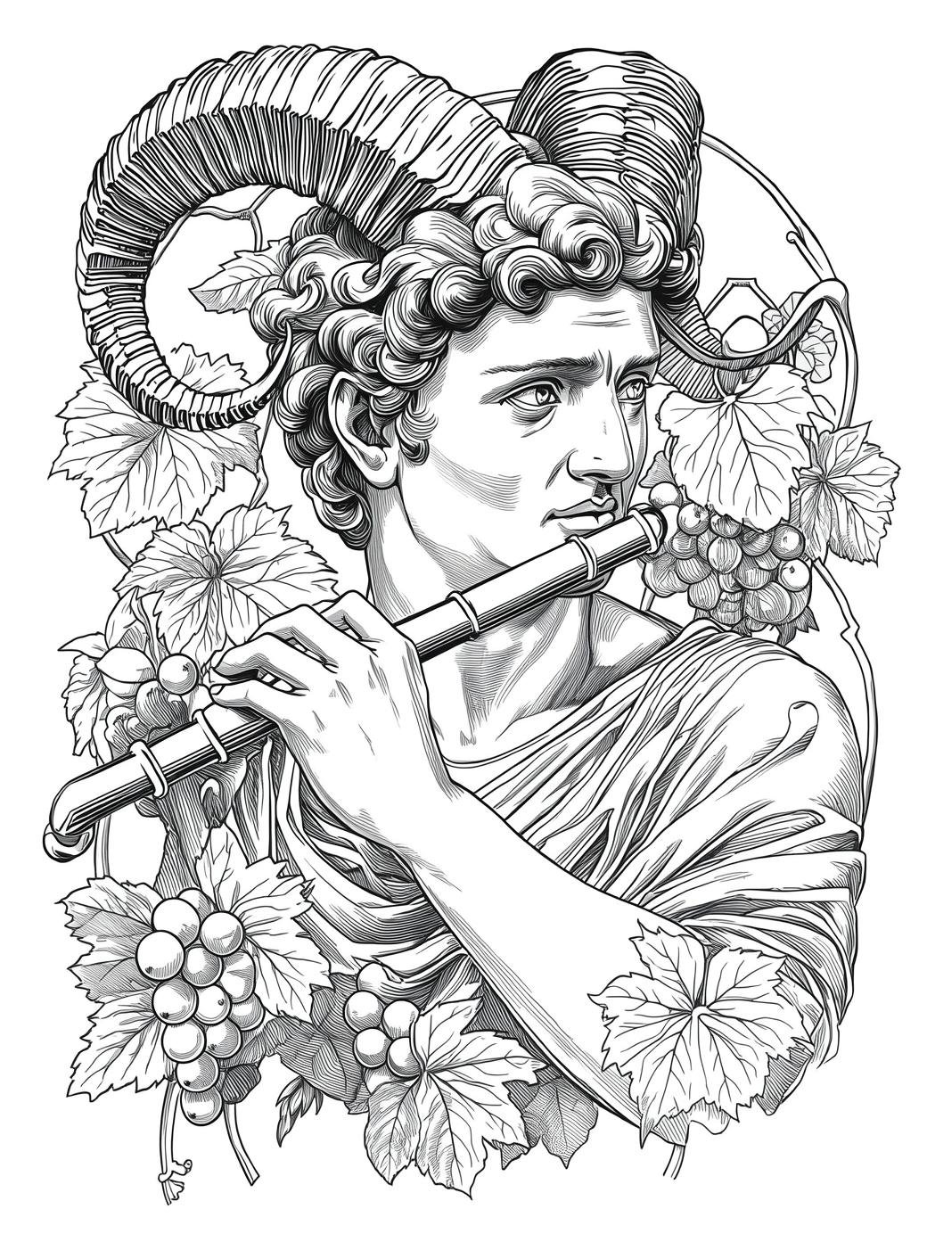 Detailed engraving-style line art of a marble sculpture surrounded by blooming roses and leaves, printable page.