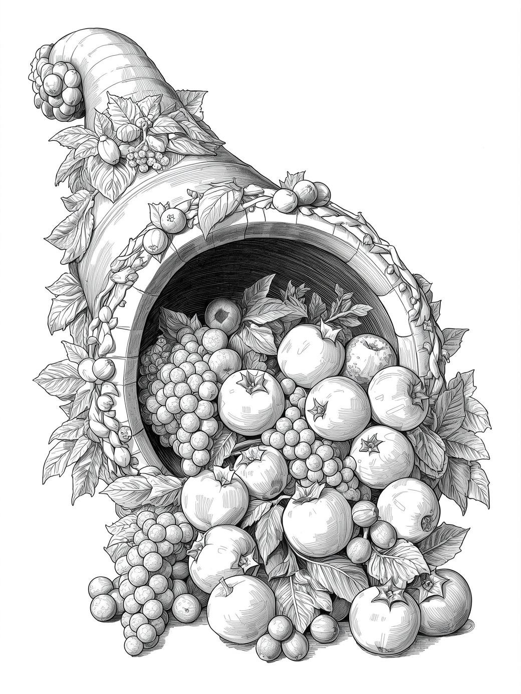 Detailed engraving-style line art of a marble sculpture surrounded by blooming roses and leaves, printable page.
