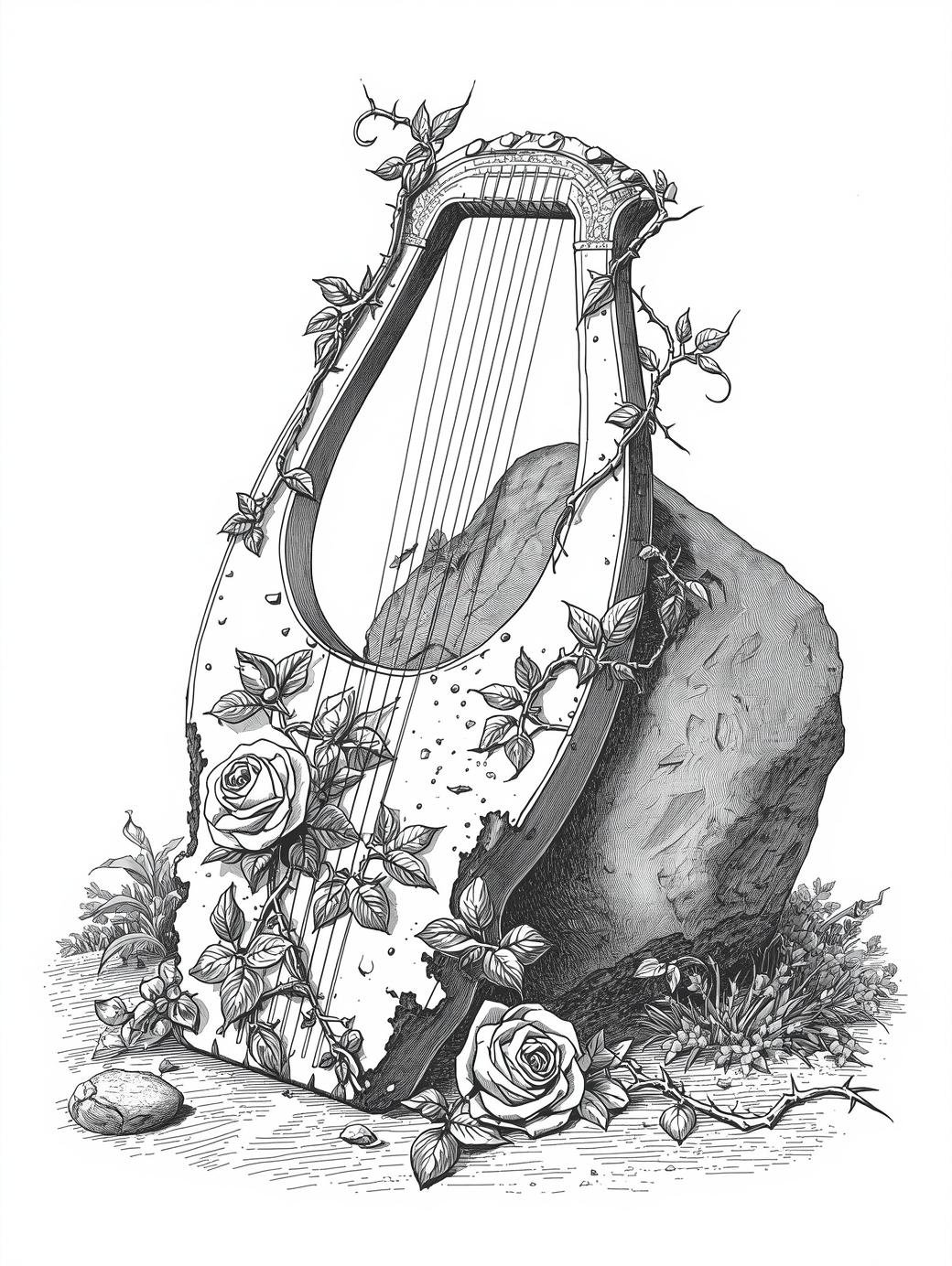 Detailed engraving-style line art of a marble sculpture surrounded by blooming roses and leaves, printable page.