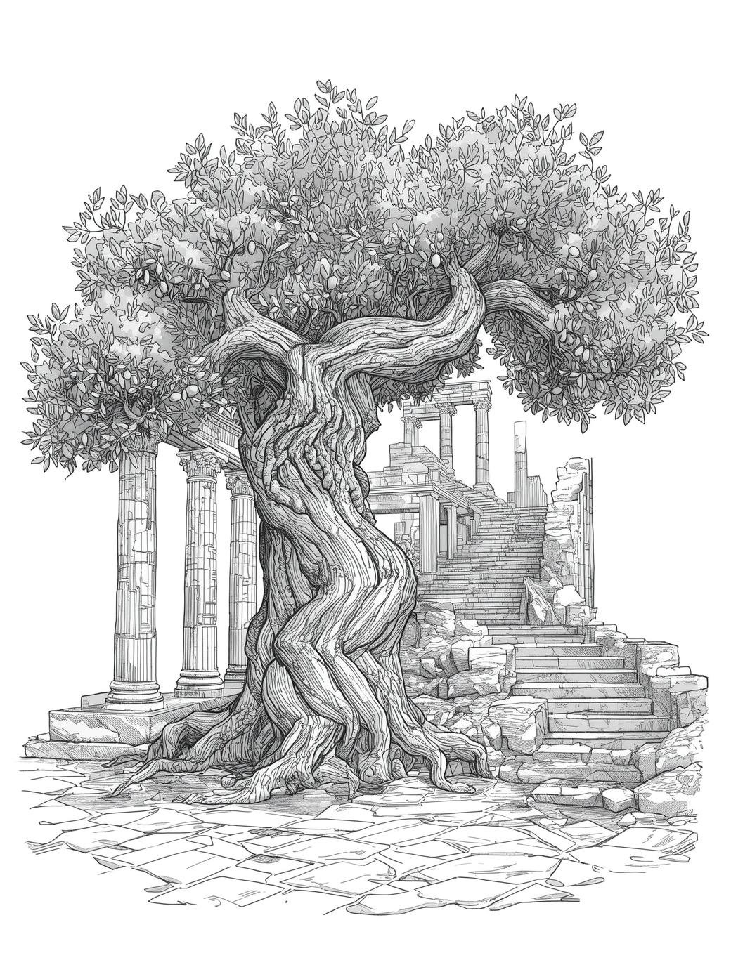 Detailed engraving-style line art of a marble sculpture surrounded by blooming roses and leaves, printable page.