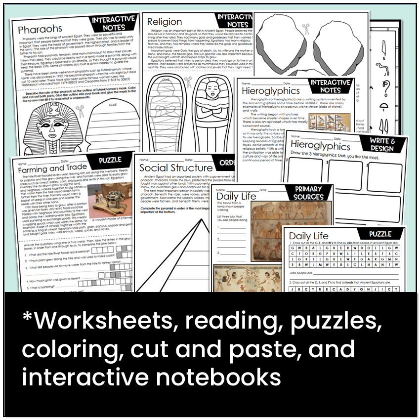 Worksheets, reading, puzzles, coloring, cut and paste, and interactive notebooks
