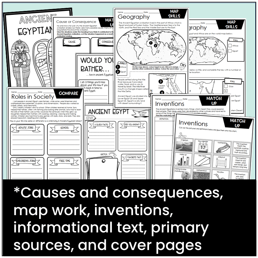 Causes and consequences, map work, inventions, informational text, primary sources, and cover pages