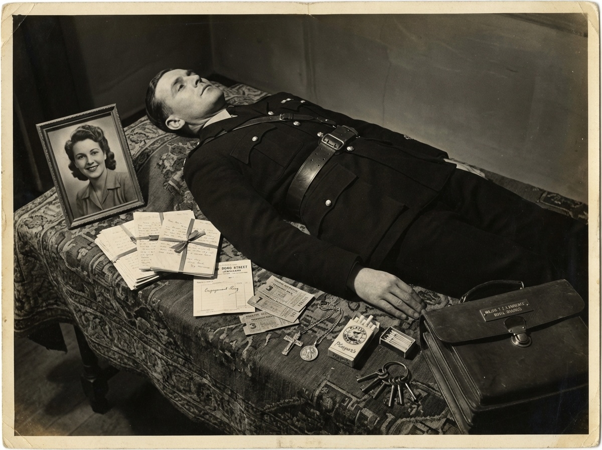 his image captures the eerie, meticulous preparation of Major William Martin—the elaborate "pocket litter" that transformed Glyndwr Michael's body into a convincing fiction. The overhead composition shows all those carefully chosen personal effects that made a dead vagrant into a Royal Marines officer with a fiancée, debts, and a life worth believing in.
