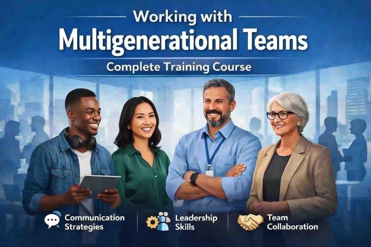 "Working with Multigenerational Teams – Complete Training Course   Learn proven strategies for communication, leadership, and collaboration across Baby Boomers, Gen X, Millennials, Gen Z, and beyond.