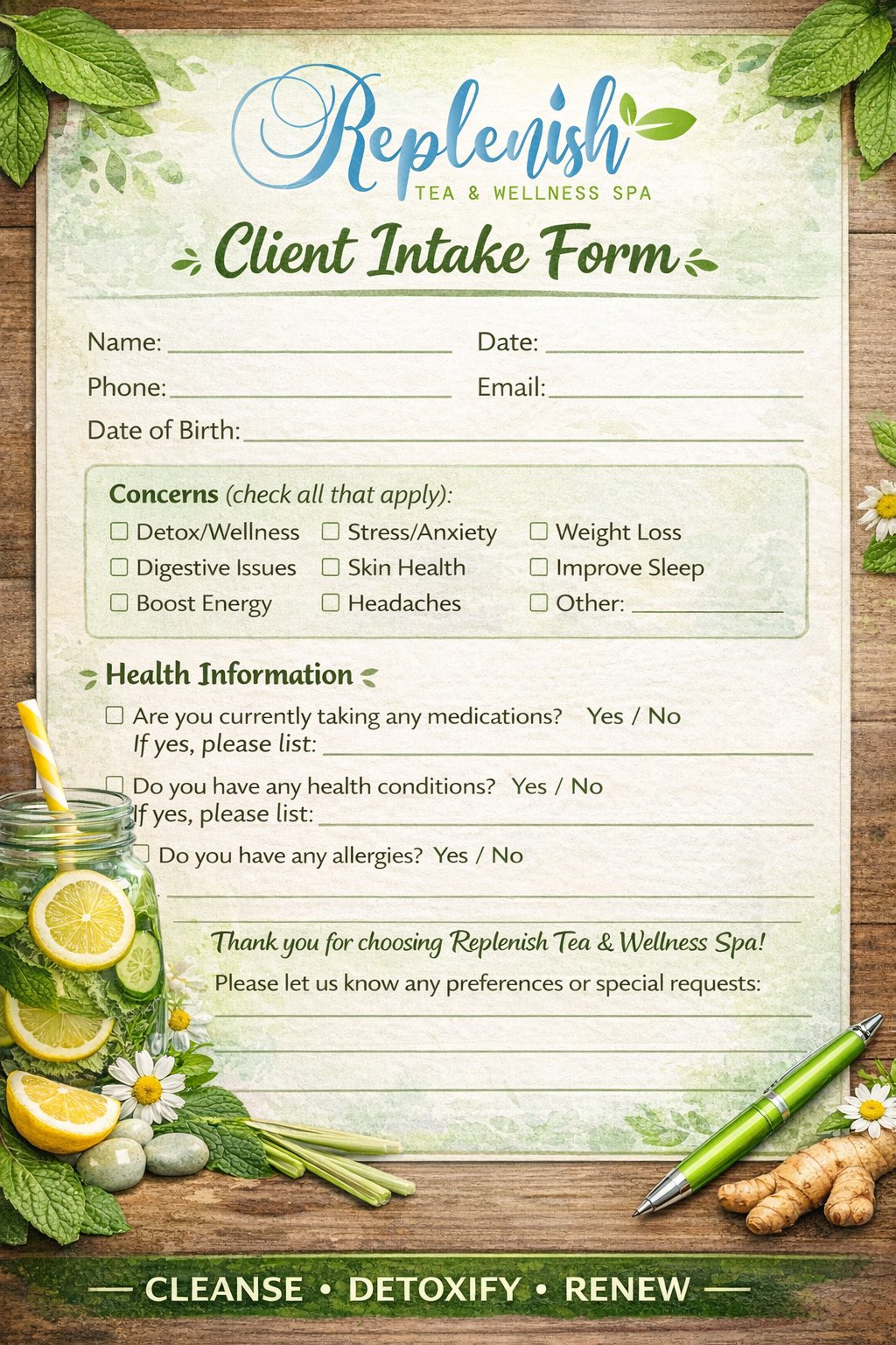 Replenish Form Replenish Intake Form