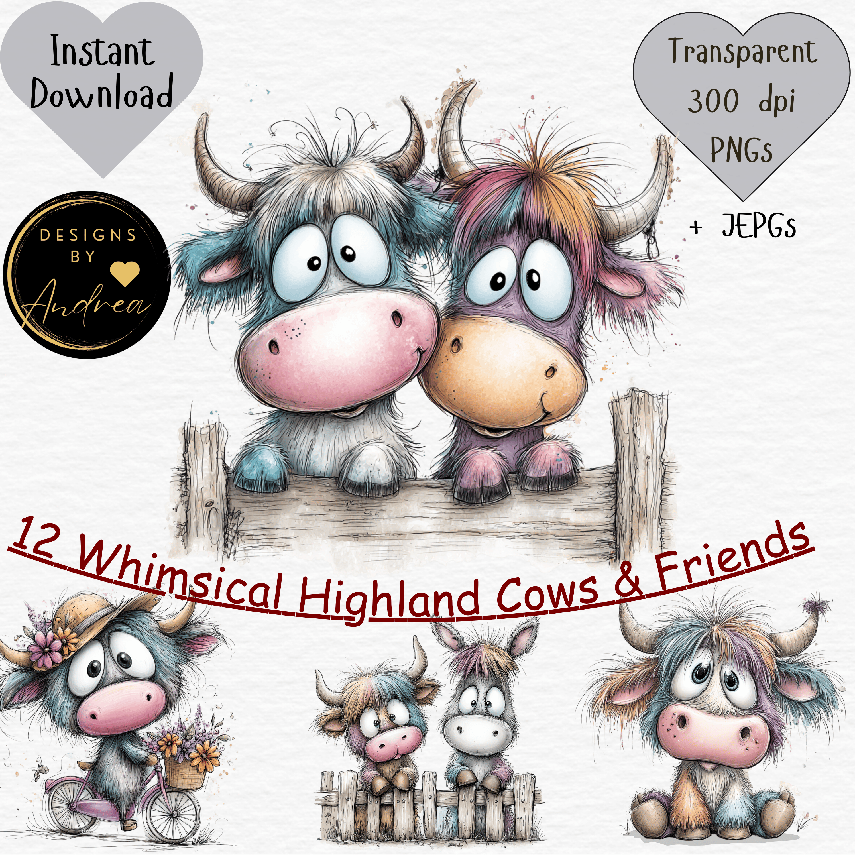 12 Whimsical Highland Cow PNG Bundle | PNG JPEGs | 30 files - Payhip