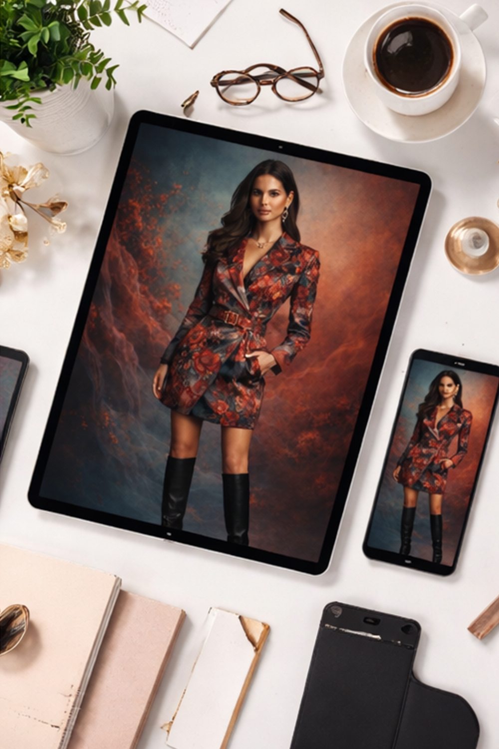 luxury fashion editorial, haute couture, executive feminine power, couture blazer dress, high fashion photography, luxury editorial aesthetic
