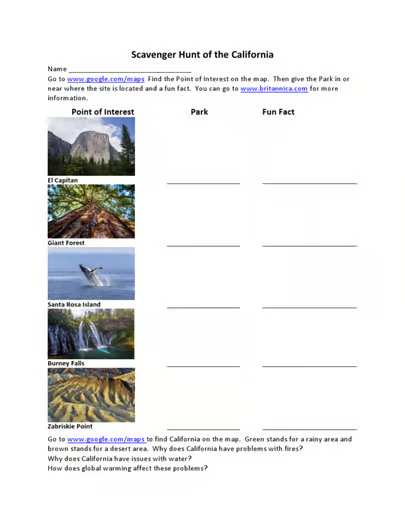 Scavenger Hunt California National Parks and State Parks Webquest Digital