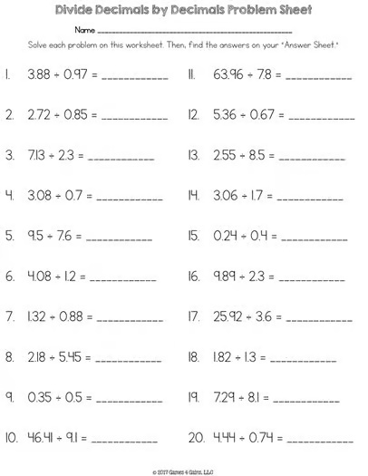 Dividing Decimals by Decimals Activity with Long Division Worksheets Math Puzzle