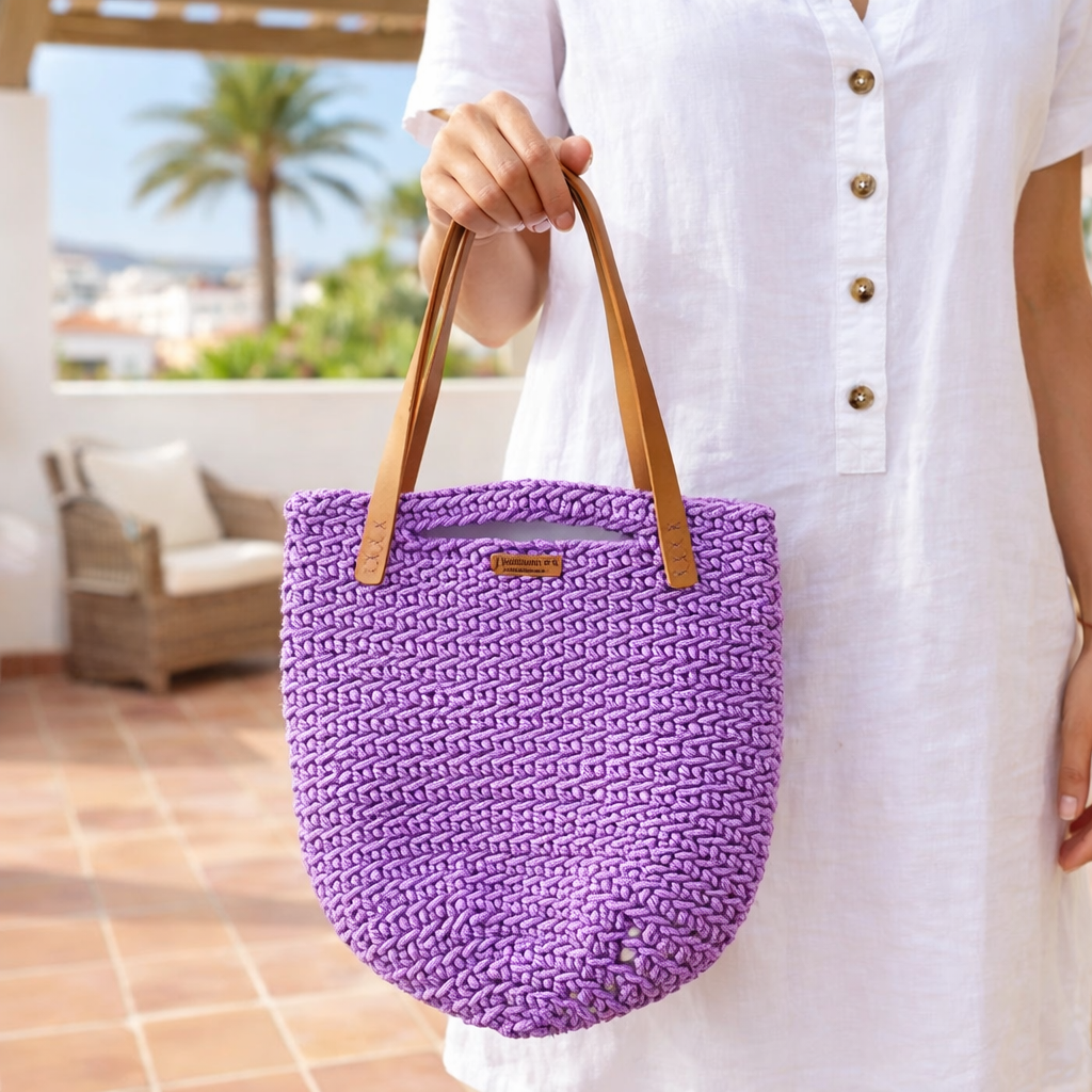 Purple crochet tote bag made with cotton rope, Isla Rope Tote PDF pattern by Andrea