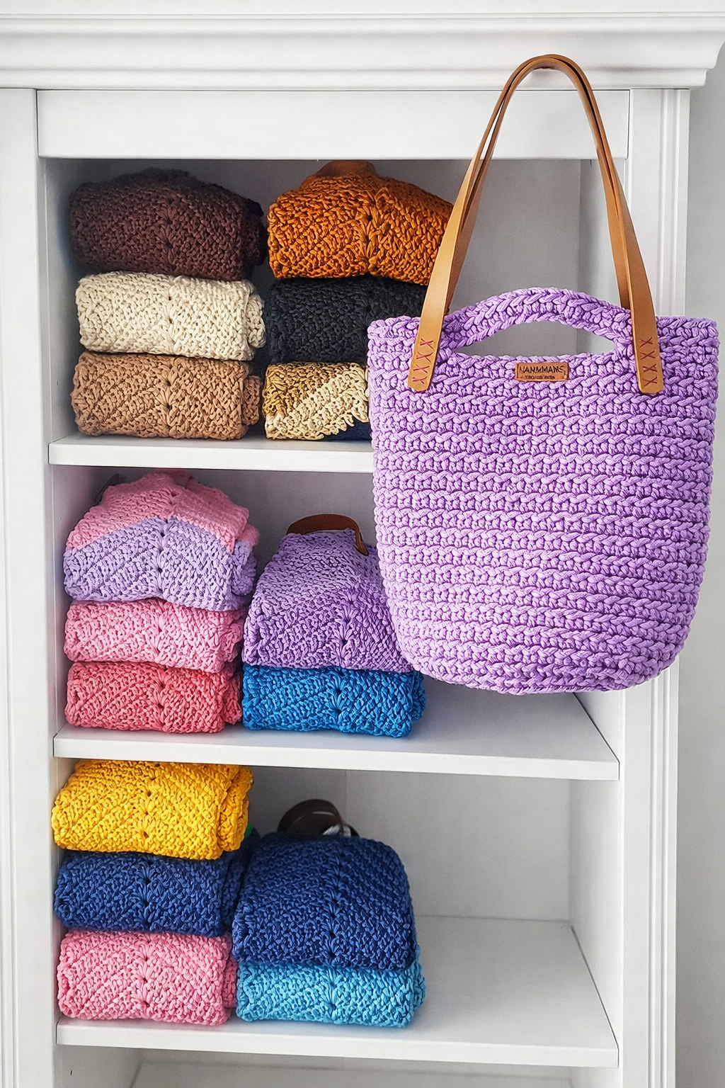 Handmade crochet rope tote bag displayed indoors, Isla Rope Tote pattern