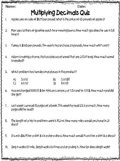 5th Grade Multiply Decimals Practice and Quiz Packet Set