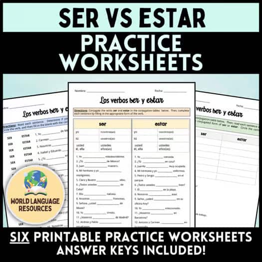 Spanish Verbs SER vs ESTAR - Practice Worksheets Sub Plans & Activities