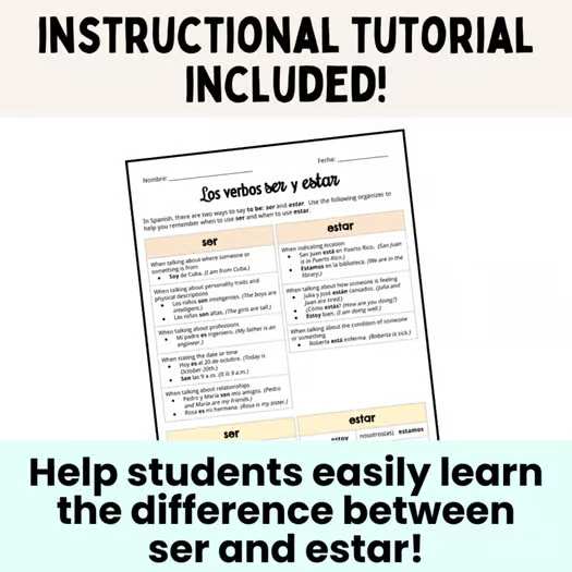 Spanish Verbs SER vs ESTAR - Practice Worksheets Sub Plans & Activities