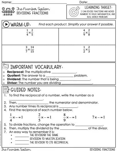 Dividing Fractions Guided Notes and Practice