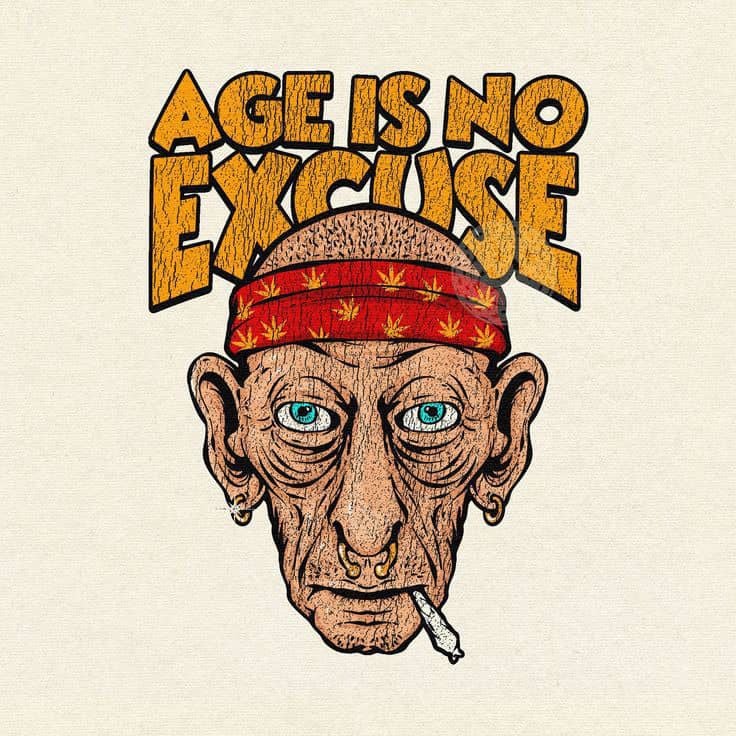 A bold vintage-style illustration featuring an elderly man with a strong, expressive face and the phrase “Age Is No Excuse.” The artwork uses textured line art, retro colors, and expressive typography to convey themes of resilience, confidence, and lifelong attitude. Designed in a hand-drawn style suitable for posters, t-shirt designs, streetwear graphics, stickers, and motivational visual projects. Ideal for concepts related to mindset, age, character, and bold self-expression.