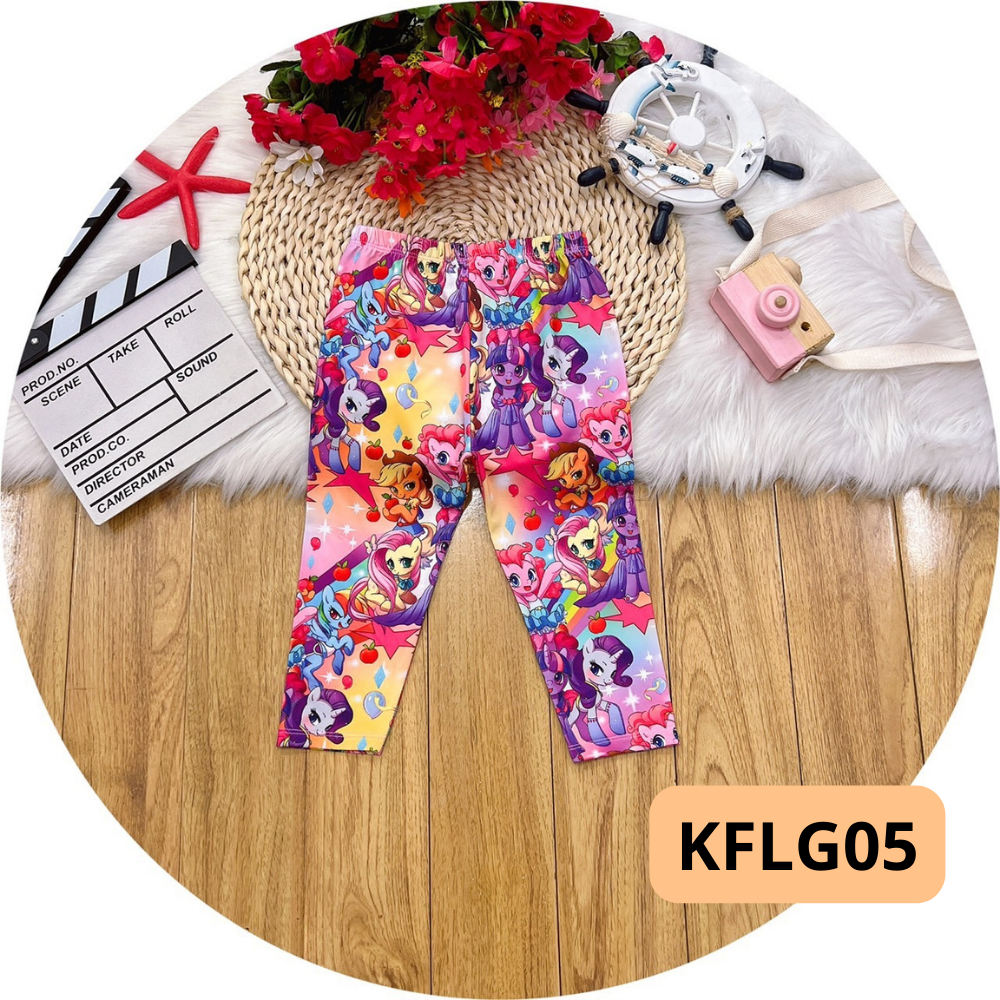 Cartoon style girls leggings with colorful unicorn and bear themes