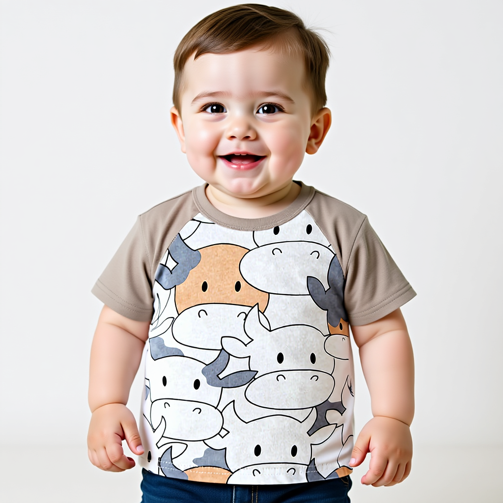 Kids short sleeve cotton tee with cartoon cow design
