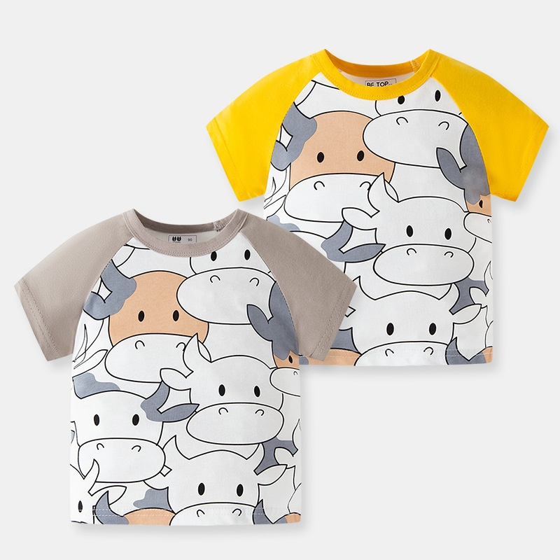Unisex baby cotton T-shirt with cute cartoon cow print