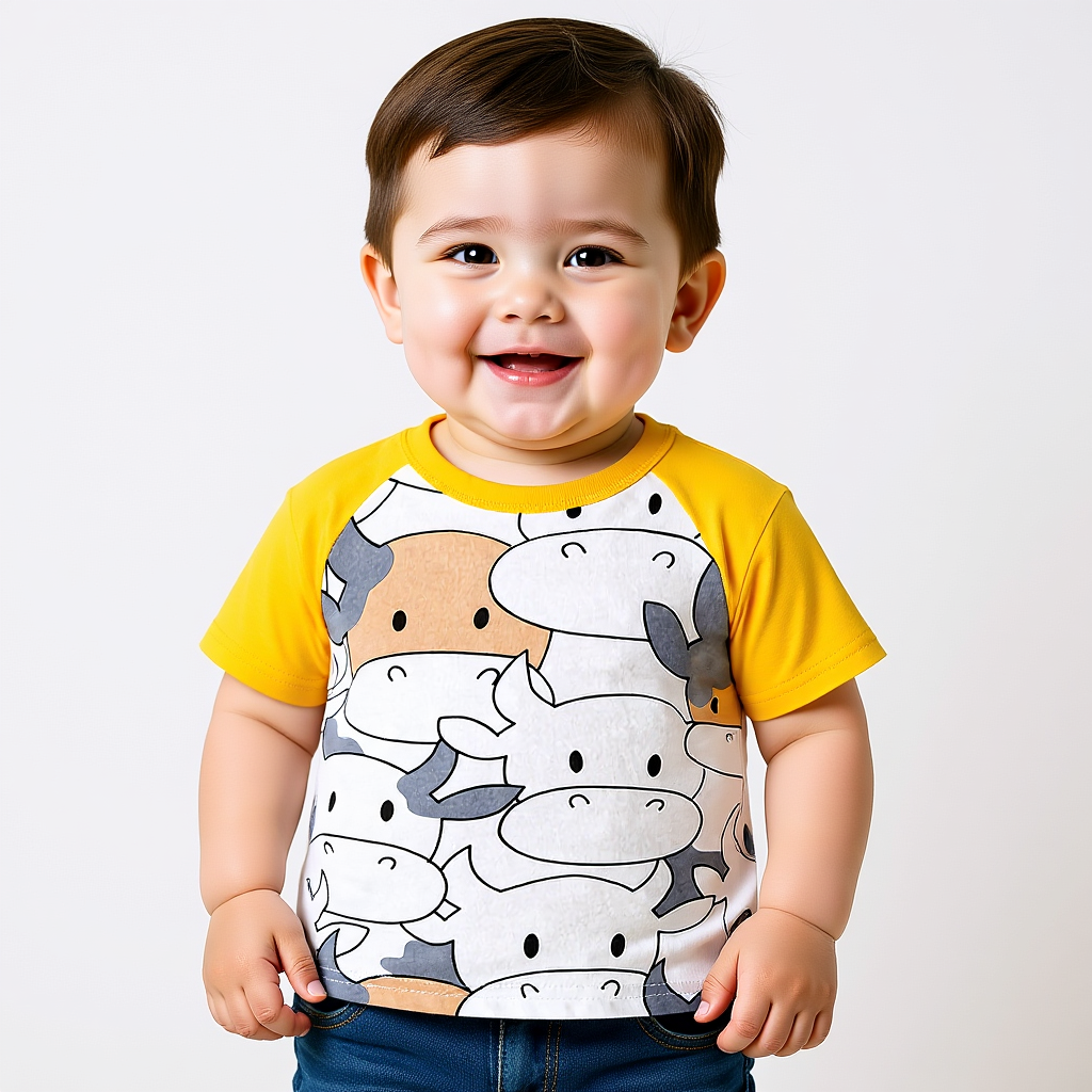 Baby summer T-shirt with playful cow print graphic