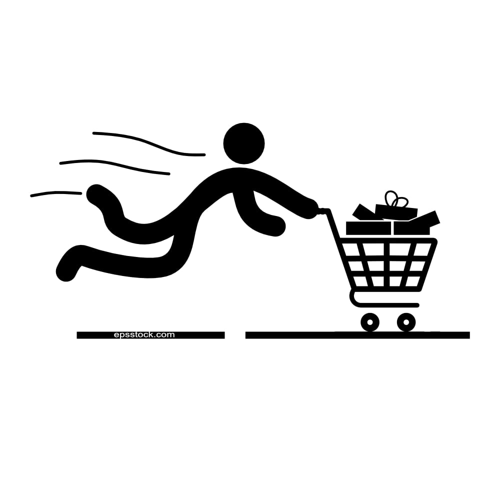 man flying and holding a shopping cart