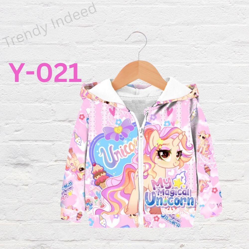 Kids cartoon-themed jackets for ages 2–7 with colorful prints