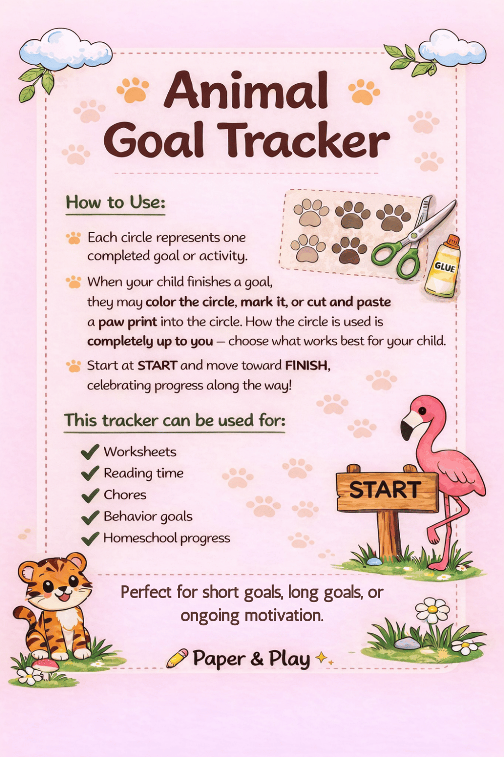 A printable path-style progress tracker with circles leading from "START" to "FINISH," featuring a "YOU CAN DO IT!" motivational message and animal-themed graphics.