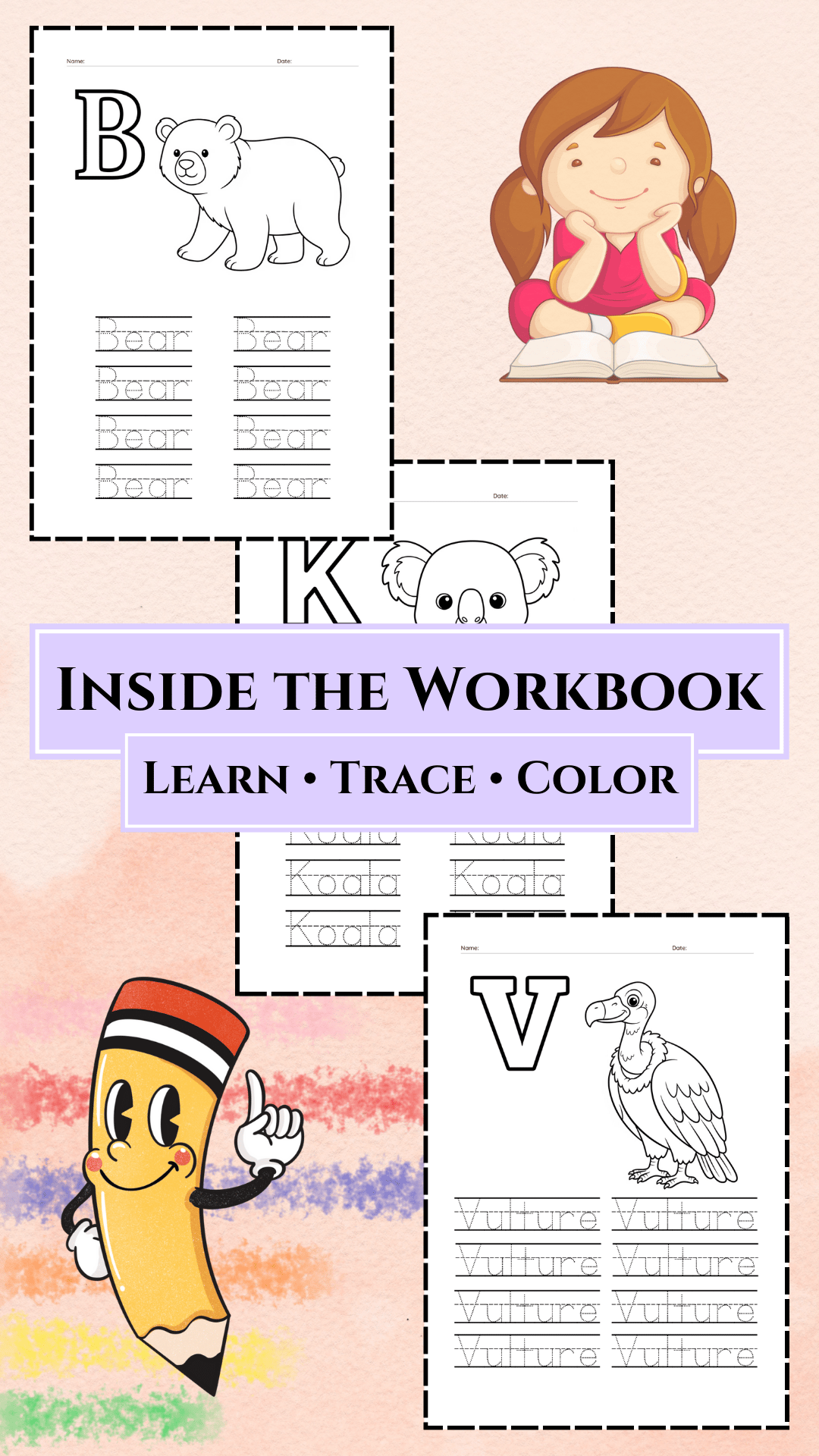 Inside pages of the A to Z animals coloring and tracing workbook featuring alphabet letters, animal illustrations, word tracing, and coloring activities.