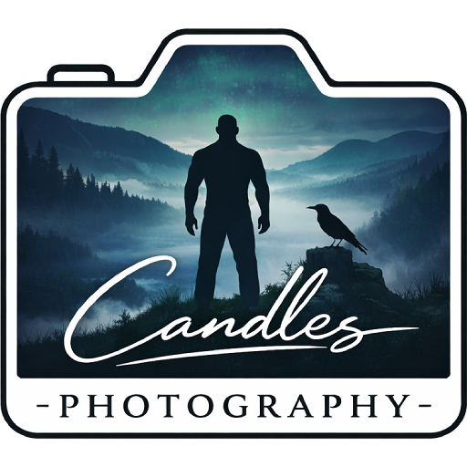 Candles Photography logo featuring a silhouetted figure and raven against a misty Highland landscape, representing nature, stillness, and outdoor photography.