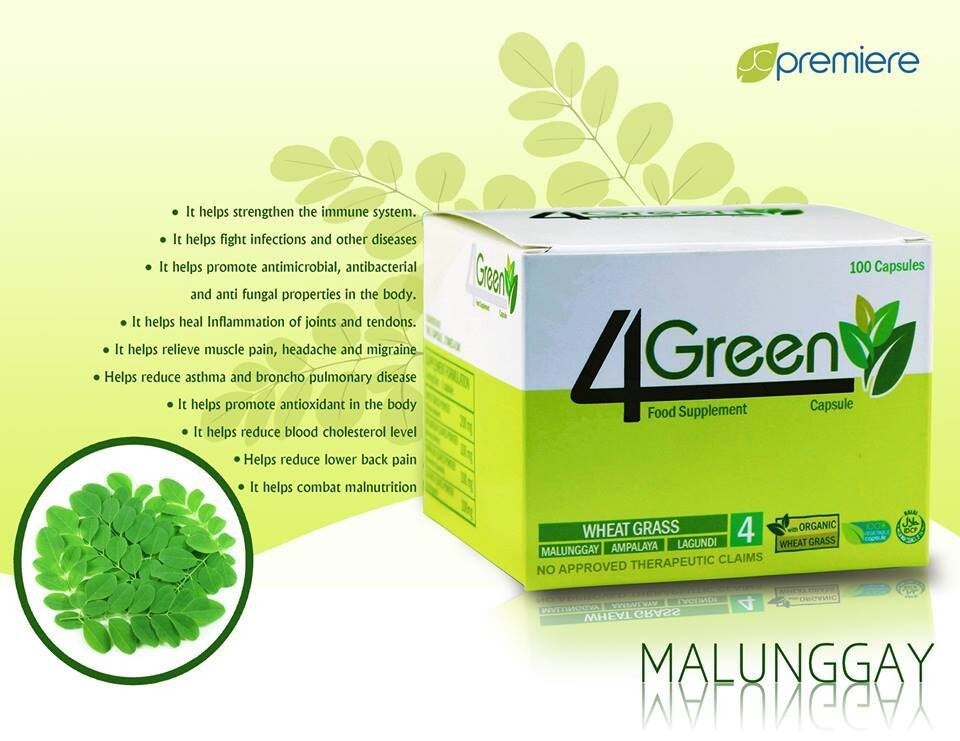 JC Premiere 4Green natural supplement featuring wheat grass, malunggay, ampalaya, and lagundi