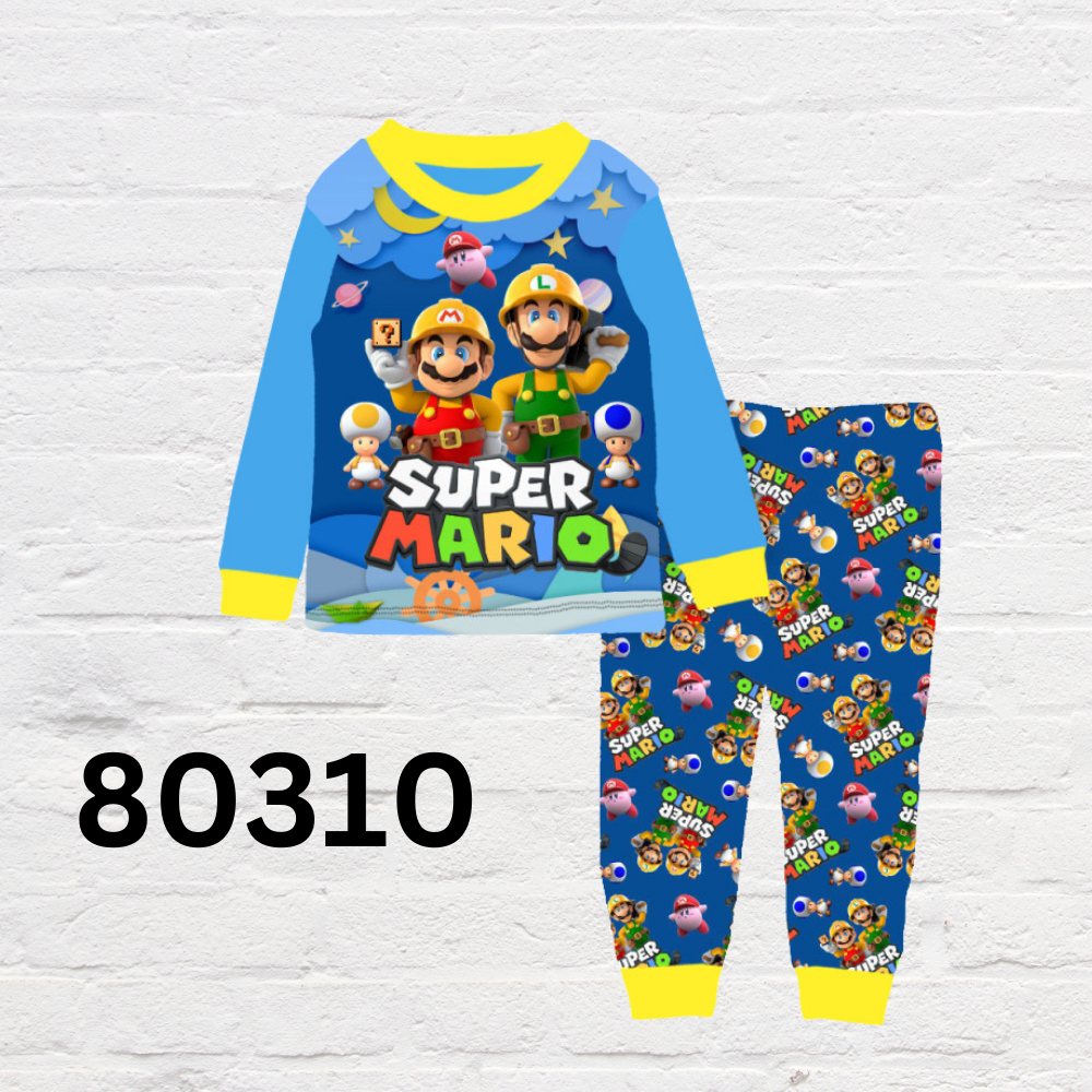 Children’s sleepwear for ages 3–8 featuring Mario Brothers and Tayo Bus cartoon prints