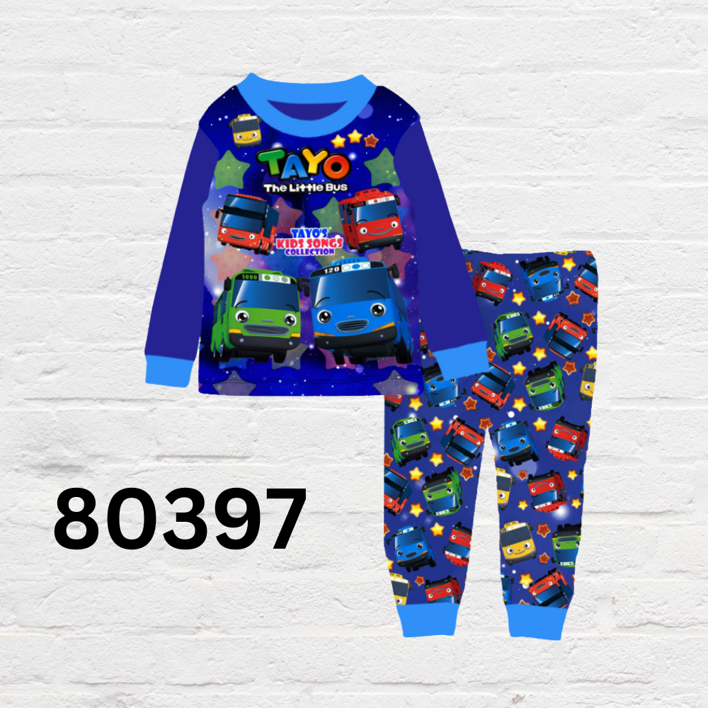 Kids pajama set ages 3–8 with Paw Patrol style, Mario Brothers, and Tayo Bus themes