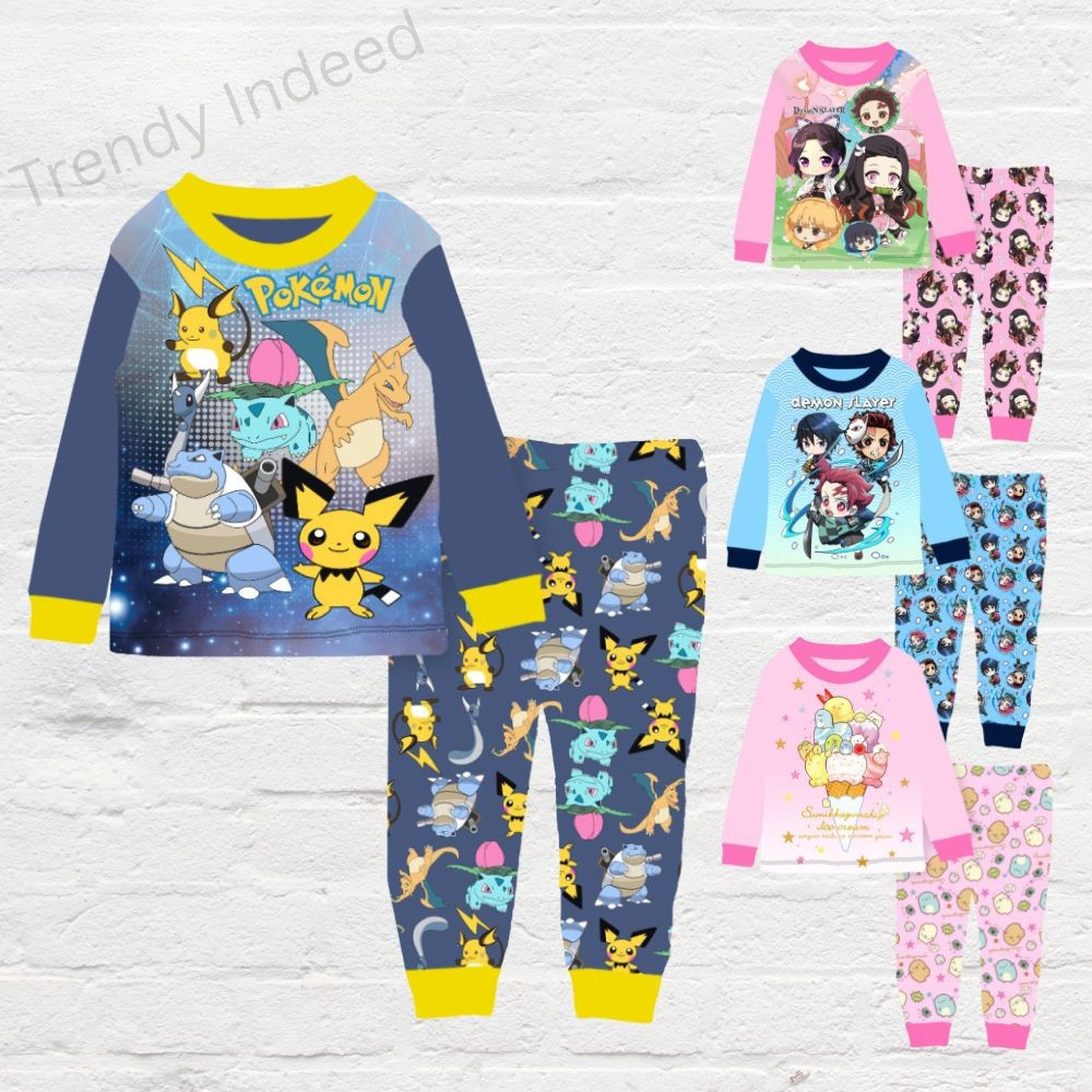 Cartoon-inspired kids pajamas ages 9–14 with Demon Slayer, Pokémon, and Sumikko Gurashi designs
