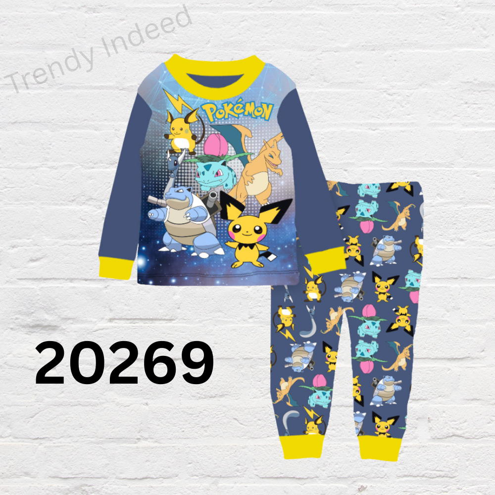 Children’s sleepwear for ages 9–14 featuring Demon Slayer anime and Pokémon cartoon styles